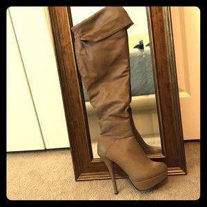 Over the knee high heeled platform taupe boots